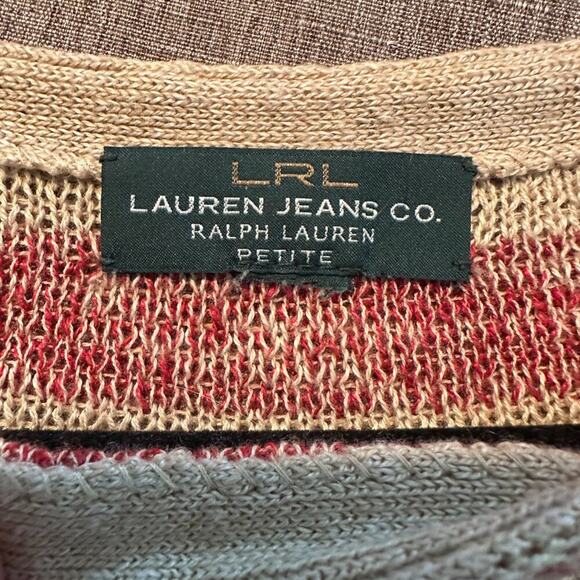 LRL Lauren Jeans Co Women Linen Knit Top Petite Tan Red Blue Striped Preppy - Picture 3 of 8